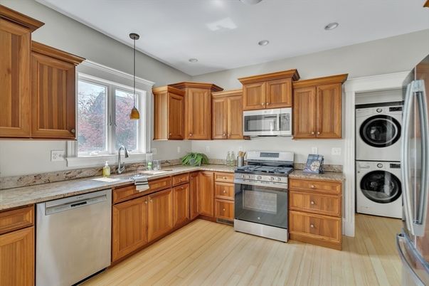 Interior, Kitchen, Pendant Lights, Recessed Lighting, Stainless Steel Appliances, Washer, Wood Texture Flooring