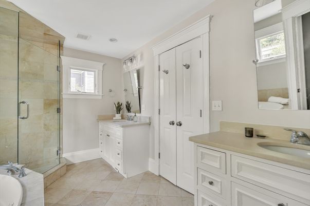 Bathroom, Dual Sink Vanities, Glass Shower, Interior, Recessed Lighting