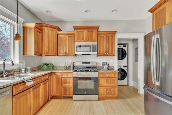 Interior, Kitchen, Recessed Lighting, Stainless Steel Appliances, Washer, Wood Texture Flooring