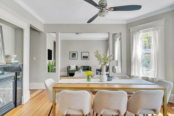 Dining room, Fireplace, Interior, Wood Texture Flooring