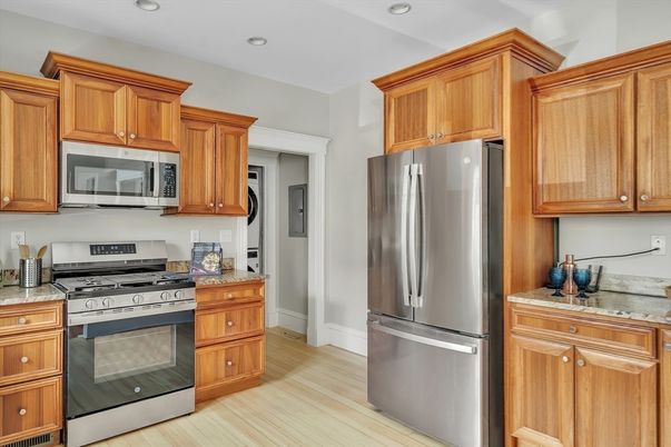 Interior, Kitchen, Recessed Lighting, Stainless Steel Appliances, Wood Texture Flooring