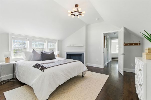 Bedroom, Fireplace, Interior, Pendant Lights, Wood Texture Flooring