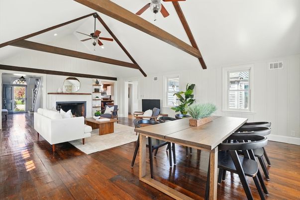 Dining room, Fireplace, Interior, Living room, Wooden Beams, Wood Texture Flooring