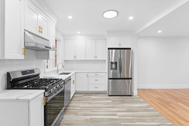Interior, Kitchen, Recessed Lighting, Stainless Steel Appliances, Wood Texture Flooring