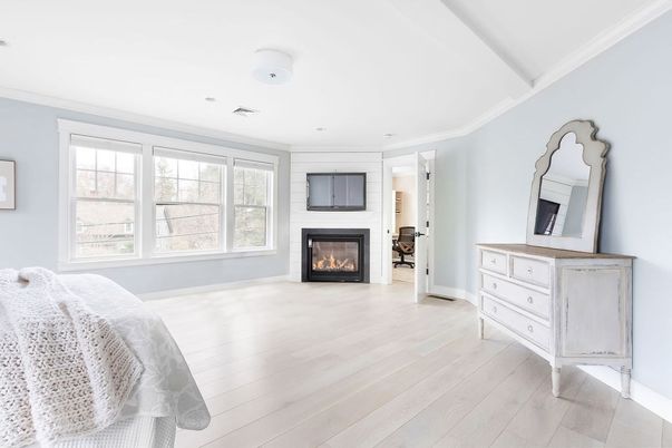 Bedroom, Fireplace, Interior, Recessed Lighting, Wood Texture Flooring