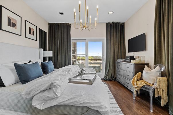 Bedroom, Interior, Pendant Lights, Recessed Lighting, Wood Texture Flooring