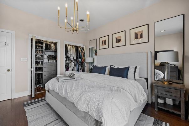 Bedroom, Chandelier, Interior, Recessed Lighting, Wood Texture Flooring