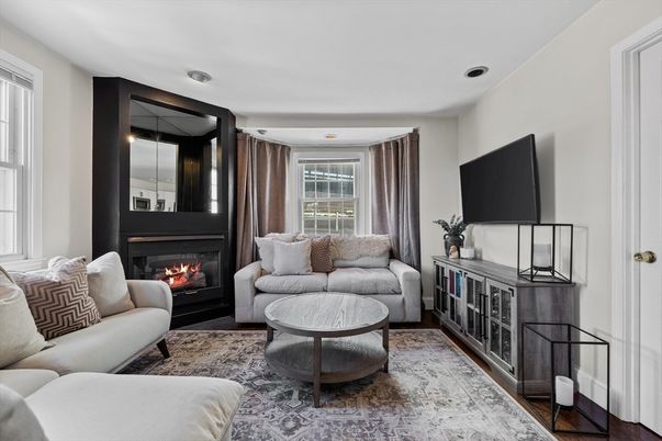 Fireplace, Interior, Living room, Recessed Lighting, Wood Texture Flooring
