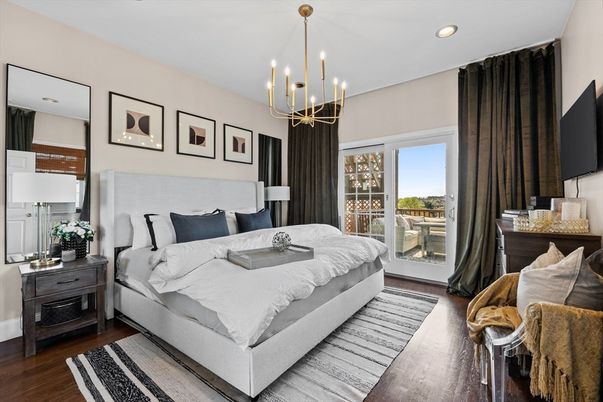 Bedroom, Interior, Pendant Lights, Recessed Lighting, Wood Texture Flooring