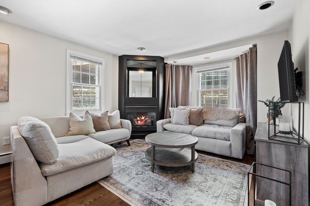 Fireplace, Interior, Living room, Recessed Lighting, Wood Texture Flooring