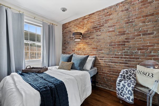 Bedroom, Interior, Stone Walls, Wood Texture Flooring
