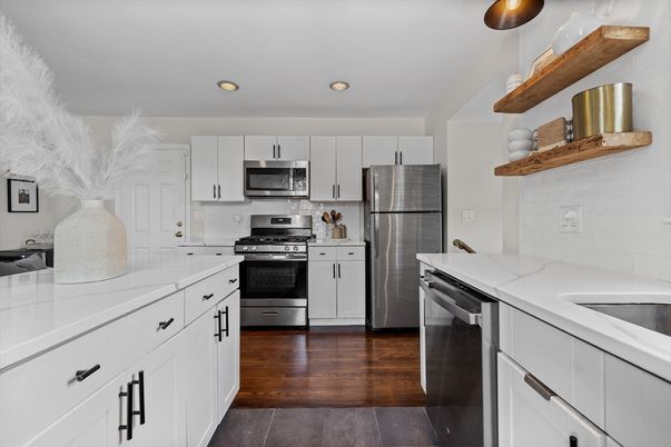 Interior, Kitchen, Recessed Lighting, Stainless Steel Appliances, Wood Texture Flooring