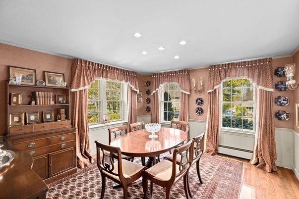 Dining room, Interior, Recessed Lighting, Wood Texture Flooring
