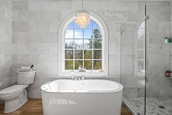 Bathroom, Free Standing Baths, Glass Shower, Interior, Marble Walls, Pendant Lights, Wood Texture Flooring