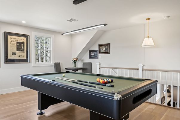 Billiard Table, Game Room, Interior, Pendant Lights, Recessed Lighting, Wood Texture Flooring