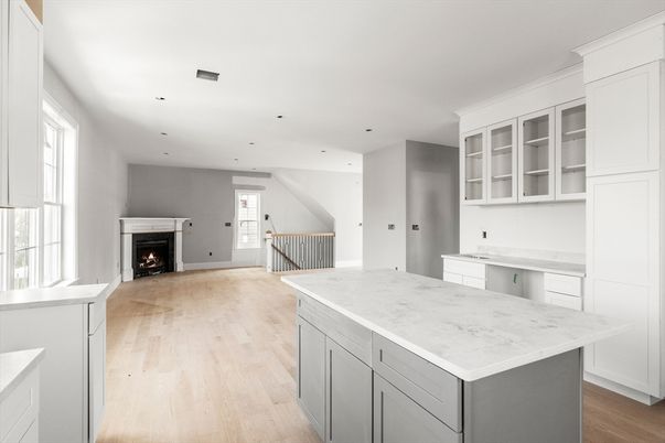 Fireplace, Interior, Kitchen, Recessed Lighting, Wood Texture Flooring
