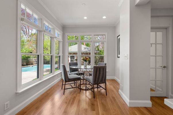 Dining room, Interior, Recessed Lighting, Wood Texture Flooring