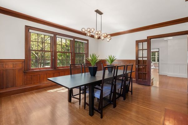 Dining room, Interior, Pendant Lights, Wood Texture Flooring