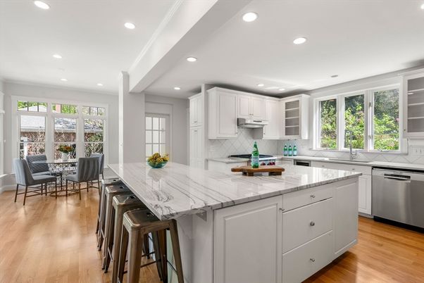 Dining room, Interior, Kitchen, Recessed Lighting, Stainless Steel Appliances, Wood Texture Flooring