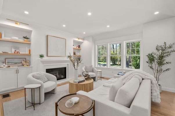 Fireplace, Interior, Living room, Recessed Lighting, Wood Texture Flooring