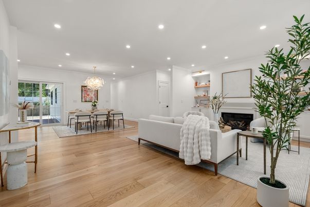 Chandelier, Dining room, Fireplace, Interior, Living room, Recessed Lighting, Wood Texture Flooring