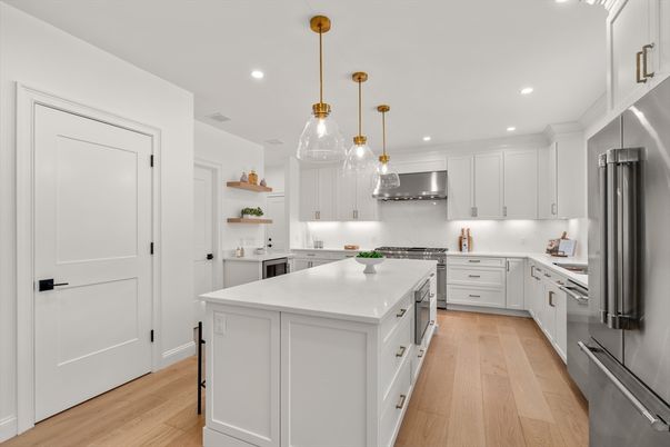 Interior, Kitchen, Pendant Lights, Recessed Lighting, Stainless Steel Appliances, Wood Texture Flooring