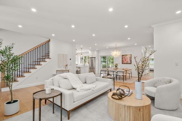 Chandelier, Dining room, Interior, Living room, Pendant Lights, Recessed Lighting, Wood Texture Flooring