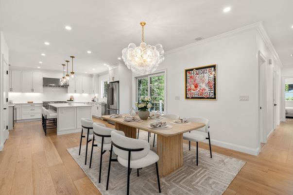 Chandelier, Dining room, Interior, Kitchen, Pendant Lights, Recessed Lighting, Stainless Steel Appliances, Wood Texture Flooring