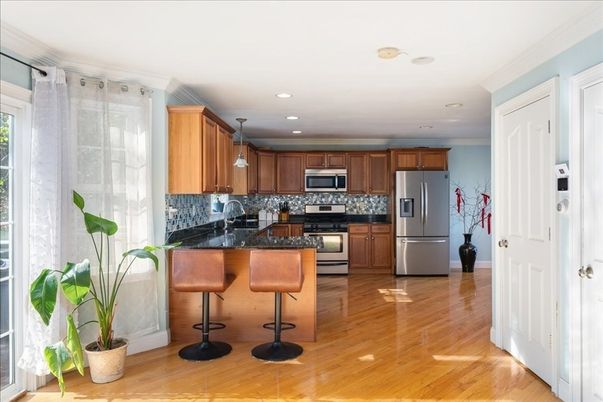 Interior, Kitchen, Pendant Lights, Recessed Lighting, Stainless Steel Appliances, Wood Texture Flooring