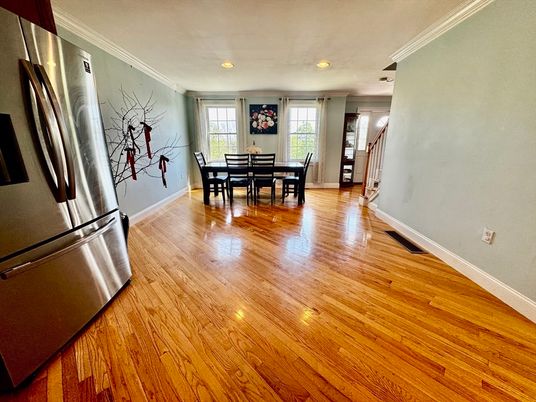 Dining room, Interior, Kitchen, Recessed Lighting, Stainless Steel Appliances, Wood Texture Flooring