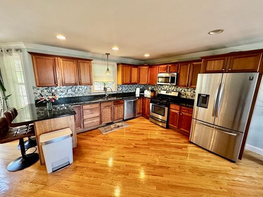 Interior, Kitchen, Pendant Lights, Recessed Lighting, Stainless Steel Appliances, Wood Texture Flooring
