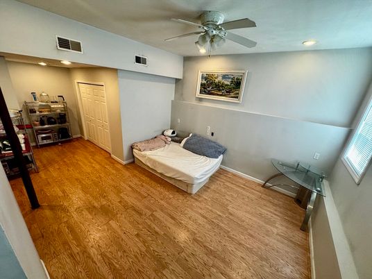 Bedroom, Interior, Recessed Lighting, Wood Texture Flooring