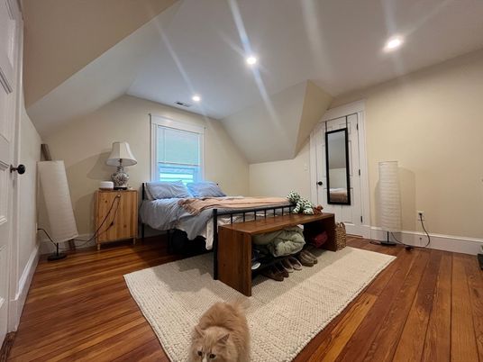 Bedroom, Interior, Recessed Lighting, Wood Texture Flooring