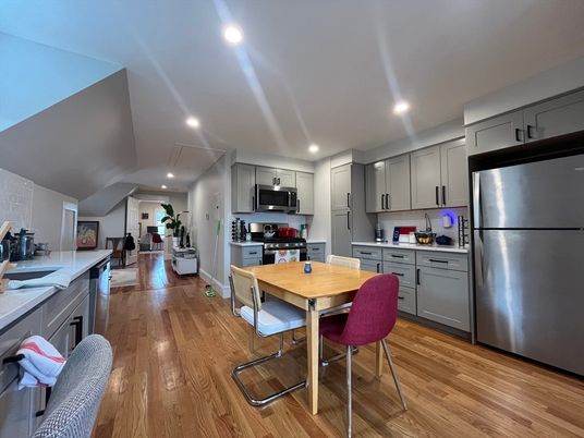Dining room, Interior, Kitchen, Recessed Lighting, Stainless Steel Appliances, Wood Texture Flooring
