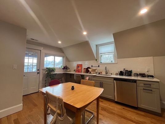 Dining room, Interior, Kitchen, Recessed Lighting, Wood Texture Flooring