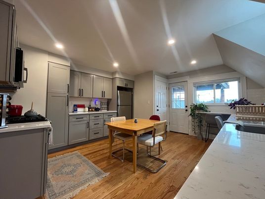 Dining room, Interior, Kitchen, Recessed Lighting, Stainless Steel Appliances, Wood Texture Flooring