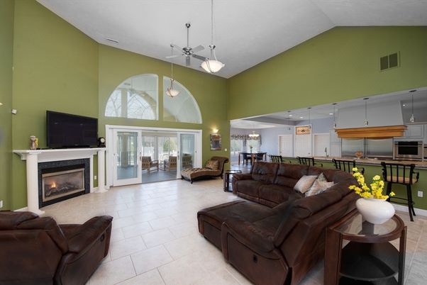 Fireplace, Interior, Kitchen, Living room, Pendant Lights, Stainless Steel Appliances
