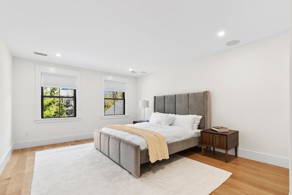 Bedroom, Interior, Recessed Lighting, Wood Texture Flooring