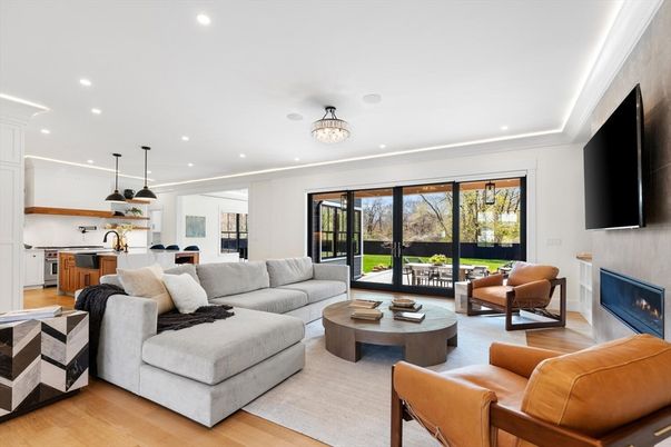 Fireplace, Interior, Kitchen, Living room, Pendant Lights, Recessed Lighting, Wood Texture Flooring