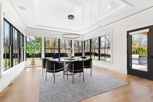 Dining room, Interior, Pendant Lights, Recessed Lighting, Wood Texture Flooring