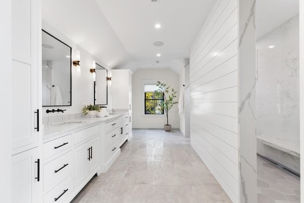 Bathroom, Dual Sink Vanities, Interior, Marble Walls, Recessed Lighting