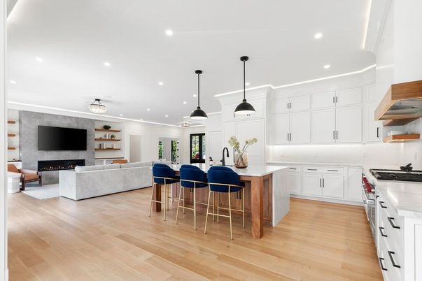 Fireplace, Interior, Kitchen, Living room, Pendant Lights, Recessed Lighting, Wood Texture Flooring