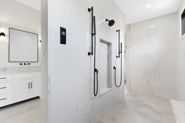 Bathroom, Dual Sink Vanities, Glass Shower, Interior, Marble Walls, Recessed Lighting