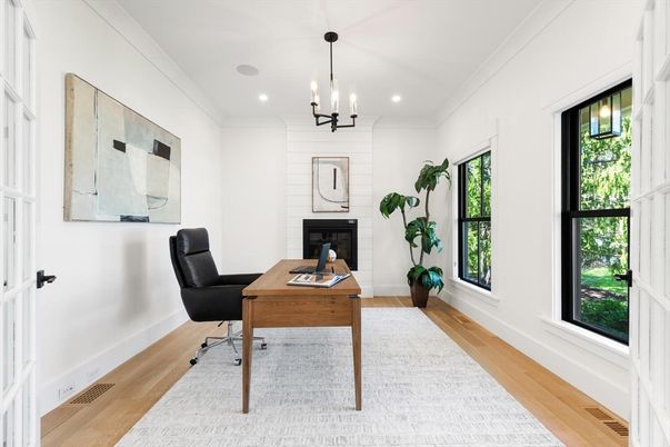 Chandelier, Fireplace, Home Office, Interior, Pendant Lights, Recessed Lighting, Wood Texture Flooring