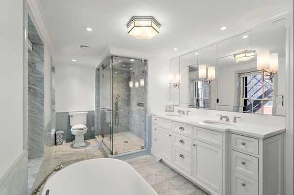 Bathroom, Dual Sink Vanities, Free Standing Baths, Glass Shower, Interior, Marble, Recessed Lighting