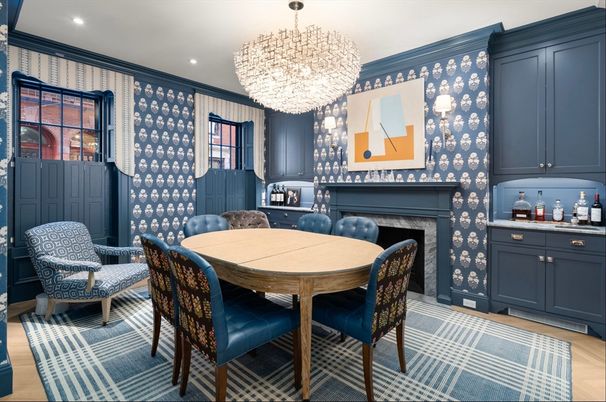 Chandelier, Dining room, Fireplace, Interior, Recessed Lighting, Wood Texture Flooring