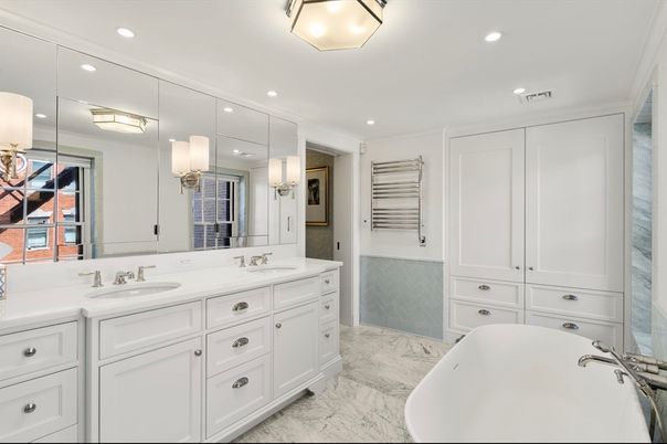 Bathroom, Dual Sink Vanities, Free Standing Baths, Interior, Marble, Recessed Lighting