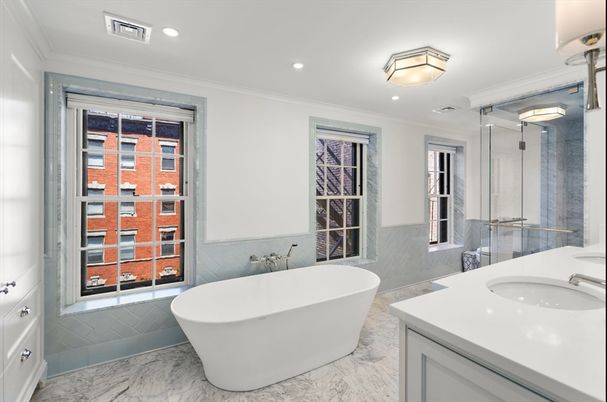 Bathroom, Dual Sink Vanities, Free Standing Baths, Glass Shower, Interior, Marble, Recessed Lighting