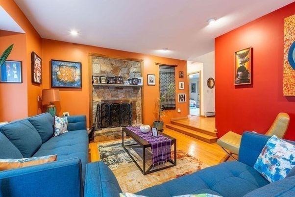 Fireplace, Interior, Living room, Recessed Lighting, Stone Walls, Wood Texture Flooring
