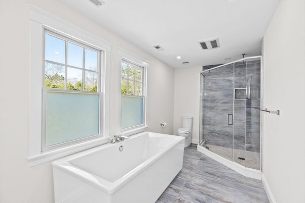 Bathroom, Glass Shower, Interior, Recessed Lighting, Wood Texture Flooring